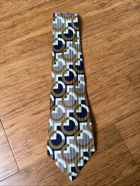 (13t) modules Made in Japan 100% Pure Silk Mod Geo Circle Navy Taupe Vintage